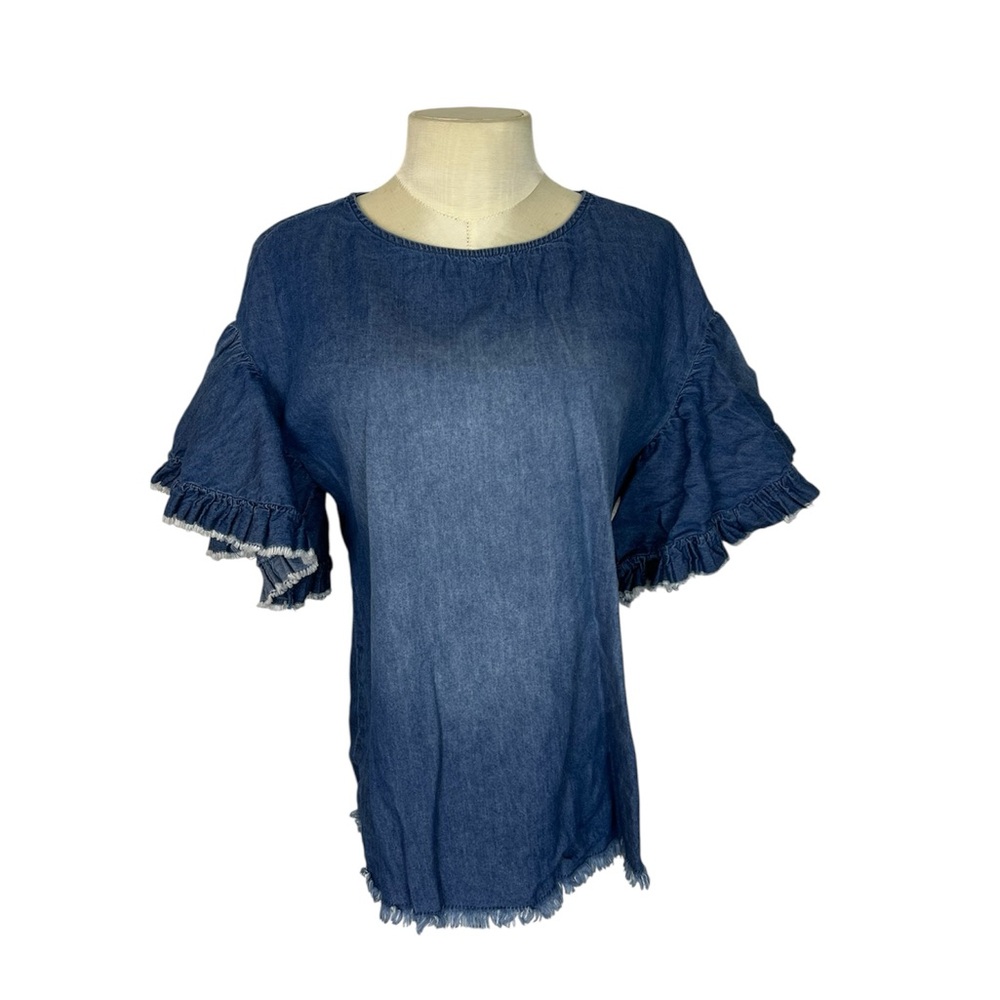 Beige by eci Denim Top Medium Ruffle Sleeve Raw Hem beachy coastal artsy